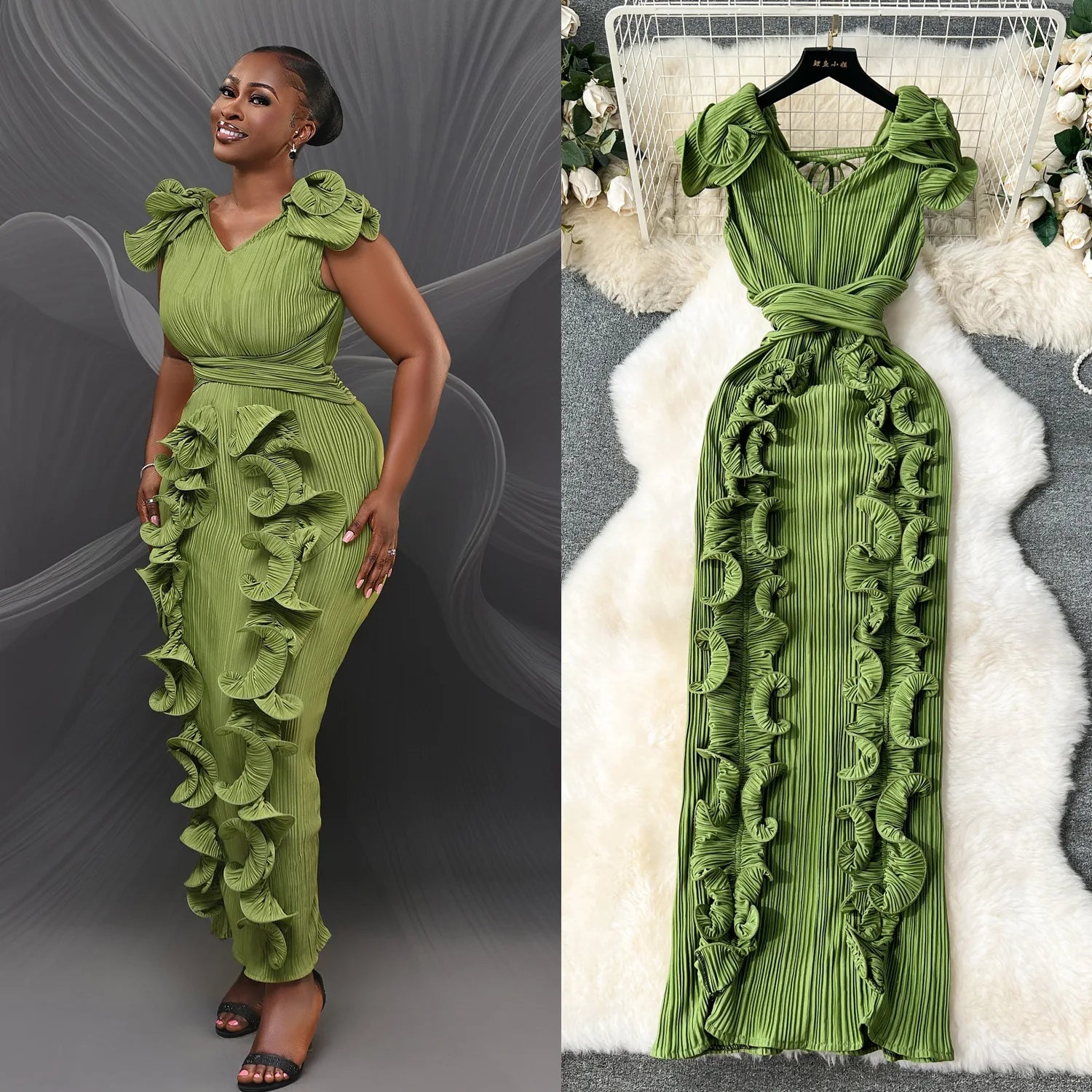 Elegant Pleated Midi Dress for Women Empire 3D Ruffled Lace Vestidos Red