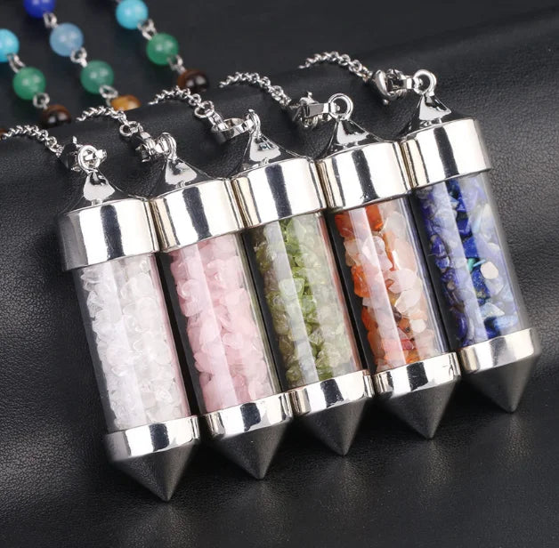 Healing Gemstone Dowsing Chips Crystal Pendulum Hexagonal Point Wand Wishing Bottle Pendant Pendulum with 7 Chakra Bead Chain