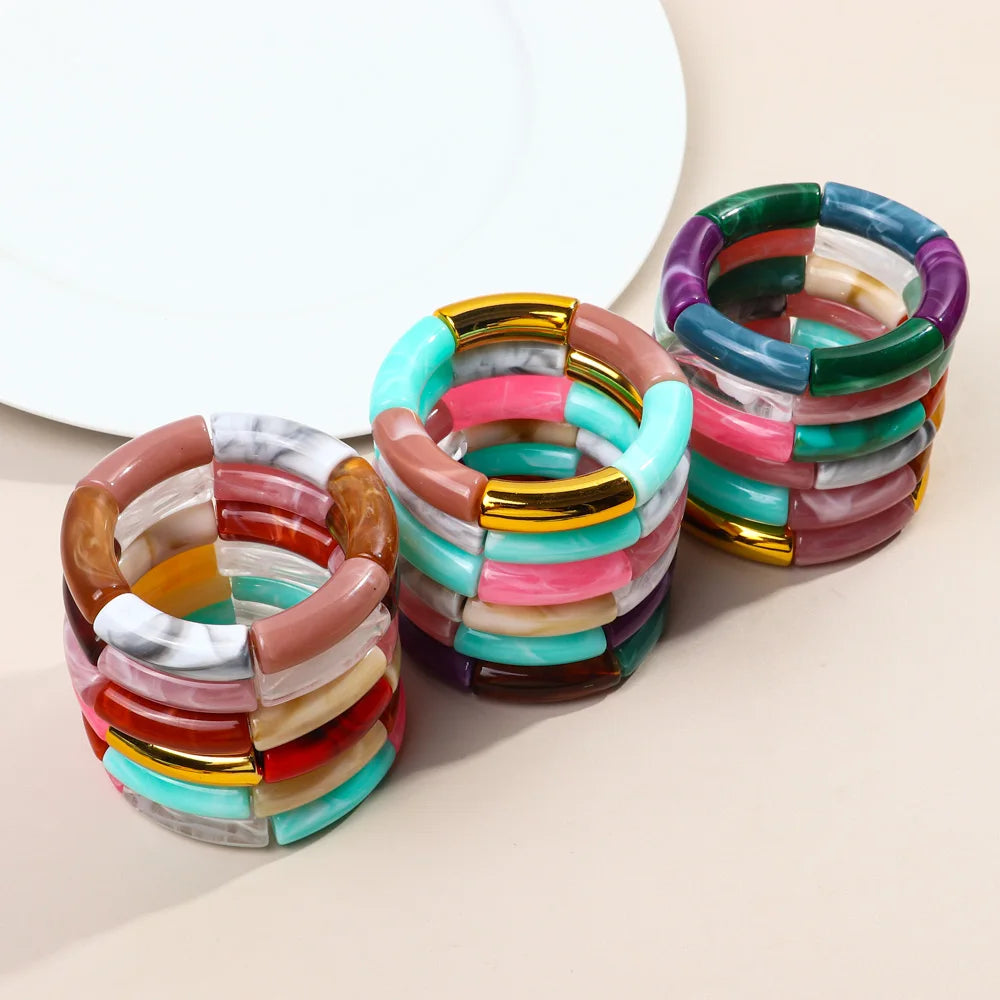 Wholesale Bohemian Colored Marble Amber Ruby Turquoise Vintage Blend Ethnic Style Gift Casual Jewelry Acrylic Tube Bead Bracelet
