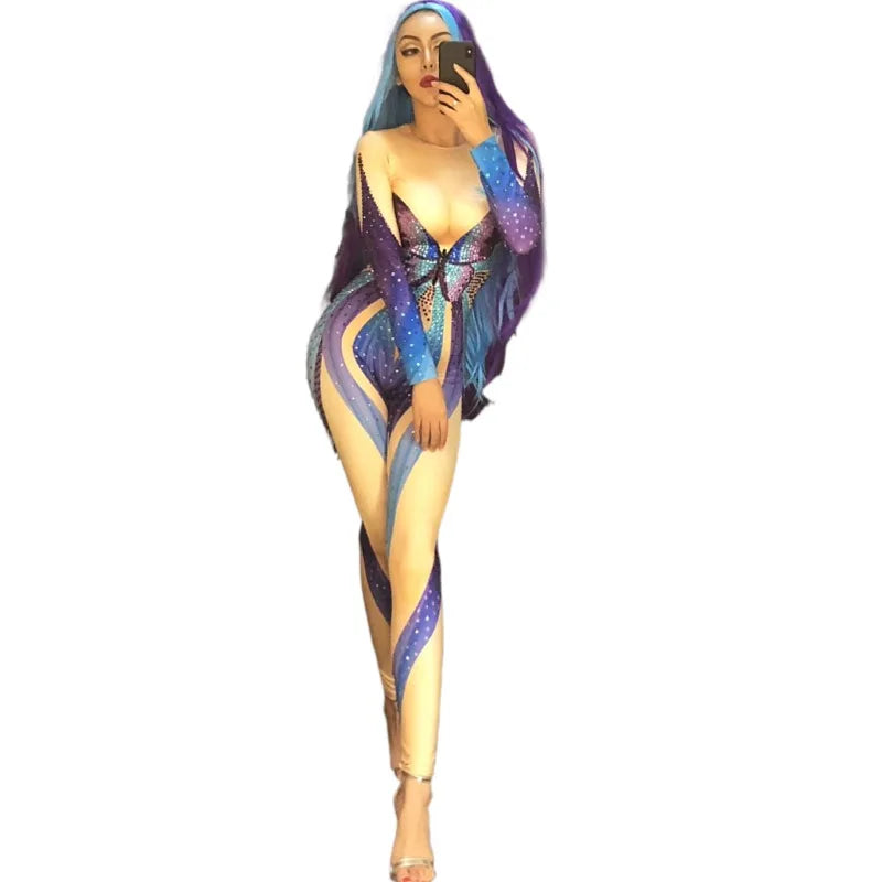 Party Costumes Long Sleeve Bodysuit Performance Wear Rhinestone Bodycon Women One Piece Jumpsuits