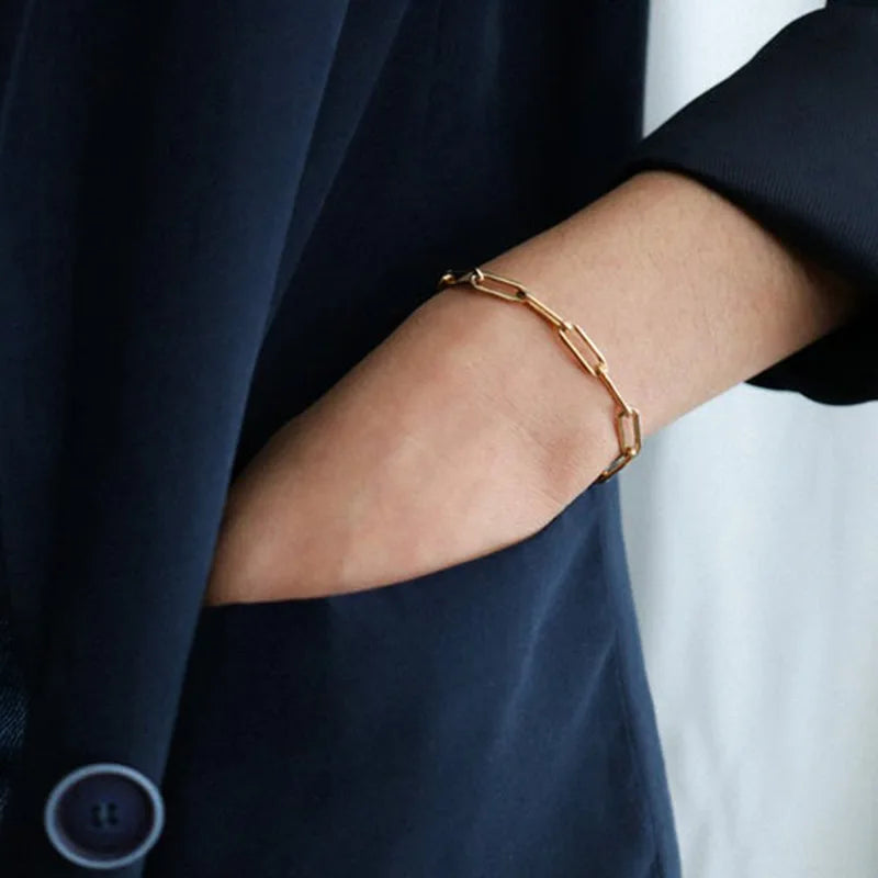 Fashion Tarnish Free Jewelry Stainless Steel 18K Gold Plated Dorado Pulseras Cuban Link Paper Clip Bracelet for Women Men YF2948