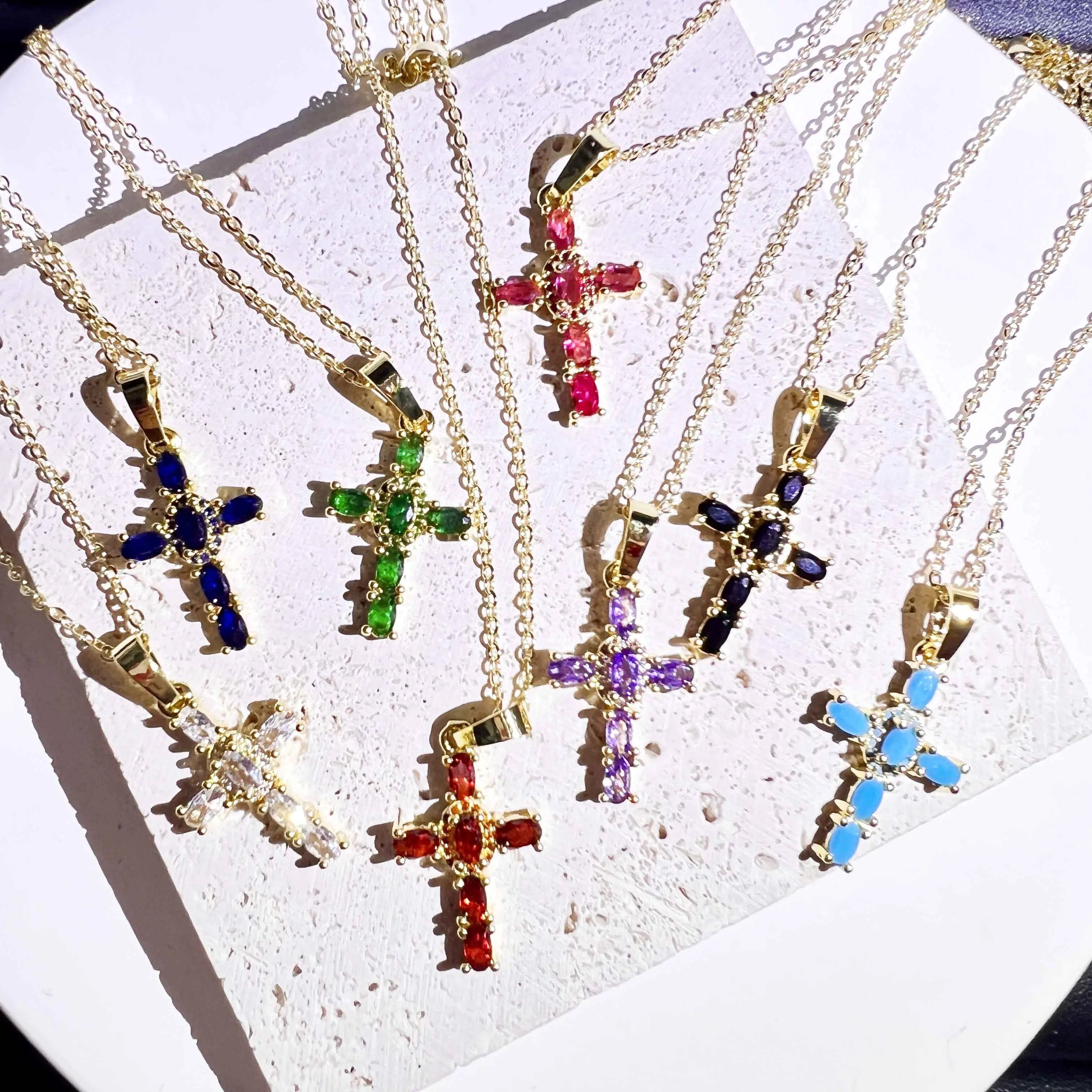 8 Colors Brass Real 18k Gold Plated Zircon CZ Cross Pendant Necklace Christian Multi Colored Diamond Cross Necklace