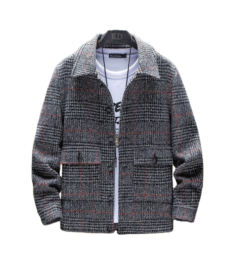 Highstreet Minimalist Fashion Checked Lapel Woven Polywool Men's Casual Plaid Windproof Breathable Outdoor Jacket