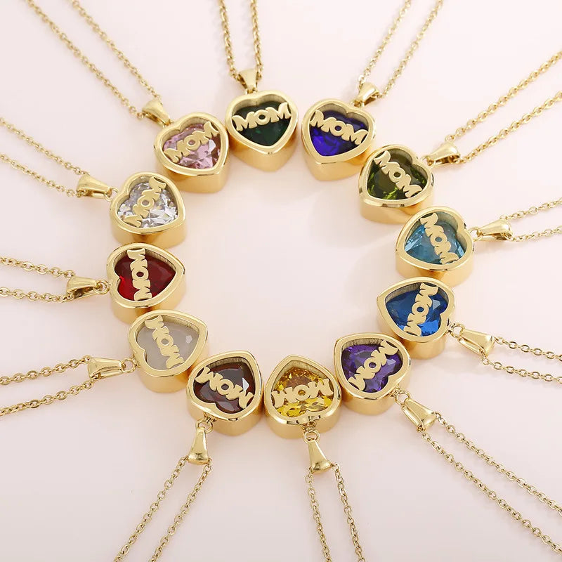 Mother Day Gift 316L Stainless Steel 12 Month Birthstone Heart Necklace Jewelry