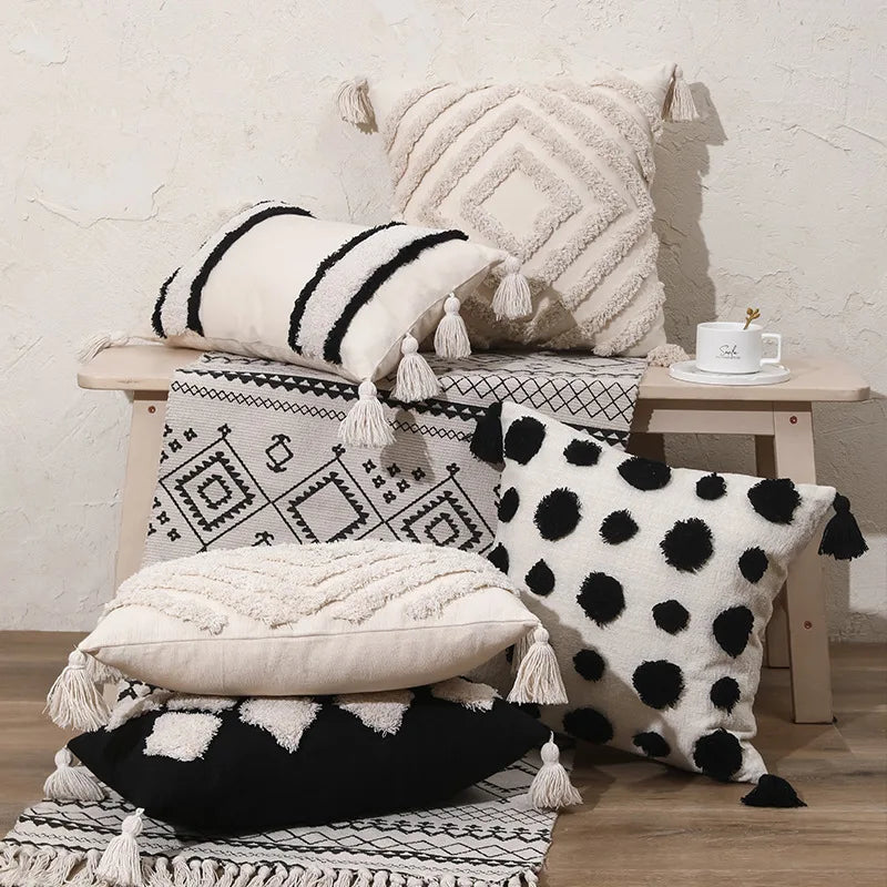 Bohemian Decorative Throw Pillow Cover 18x18 | 100% Cotton Boho Pillow Covers With Tassels Perfect for Bed or Couch