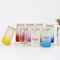 Sublimation Glass Can With Bamboo Lid and Straw  Custom logo Colorful Cute Frosted Bear Cup Sublimation Glass Can Blanks