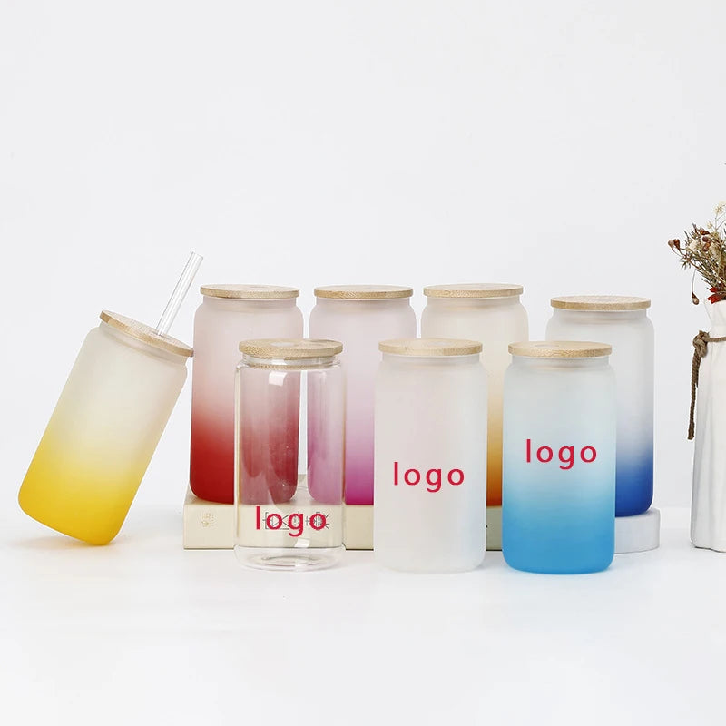 Sublimation Glass Can With Bamboo Lid and Straw  Custom logo Colorful Cute Frosted Bear Cup Sublimation Glass Can Blanks