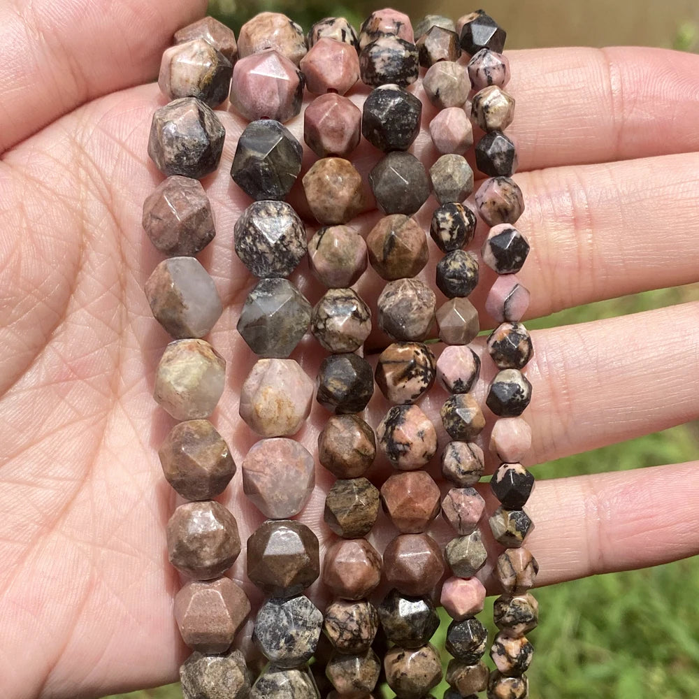 AsVrai U Natural Faceted Black Lace Rhodonite Stone Loose Spacer Bead 6mm/8mm/10mm 15.5"/38cm Jewelry Making DIY Handmade