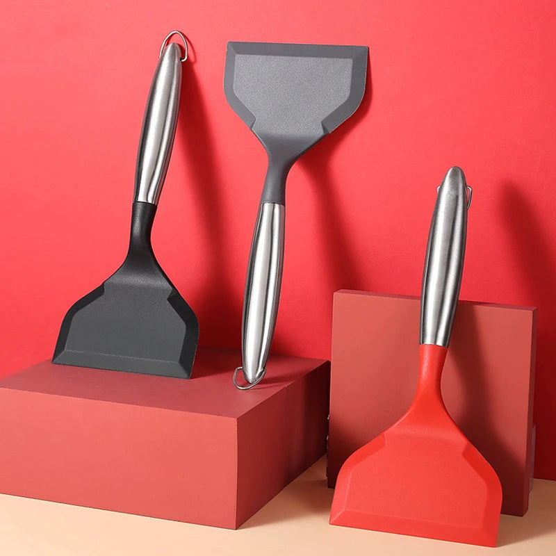 Manjia Kitchenware Soft Silicone Turner Scrapers With Stainless Steel Handles Spatula Cooking Shovel for Egg Burgers Pizza
