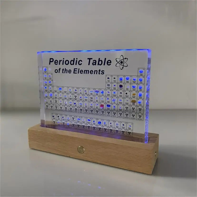 Acrylic Periodic Table Display with 83 Real Samples Acrylic Periodic Elements Display with LED Backlight and Solid Wood Base