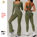 CNSHELL Custom Logo Nylon Tight Jacket Bra Flared Legging With Pockets Yoga Workout Gym Fitness Sports 2PCS Set