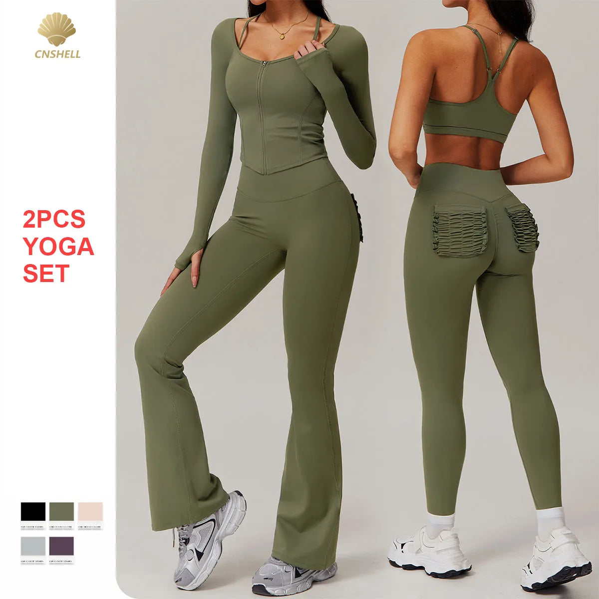 CNSHELL Custom Logo Nylon Tight Jacket Bra Flared Legging With Pockets Yoga Workout Gym Fitness Sports 2PCS Set