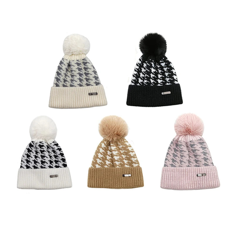 Landfond Accessory Winter Fashion Plaid Jacquard Knitted Hat With Pompom Knitted Beanie Hat