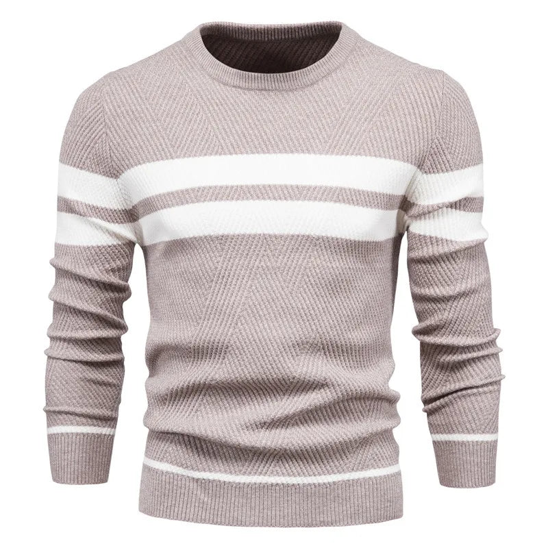 Autumn and Winter Men's Casual Striped Men's Color Matching Round Neck European Size Knit Shirt