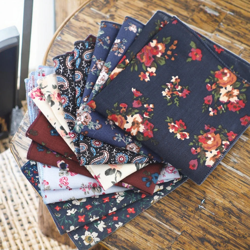Wholesale 100% Cotton Small Floral Printed Handkerchiefs 8.6*8.6 Inch Vintage Pocket Squares for Men Women