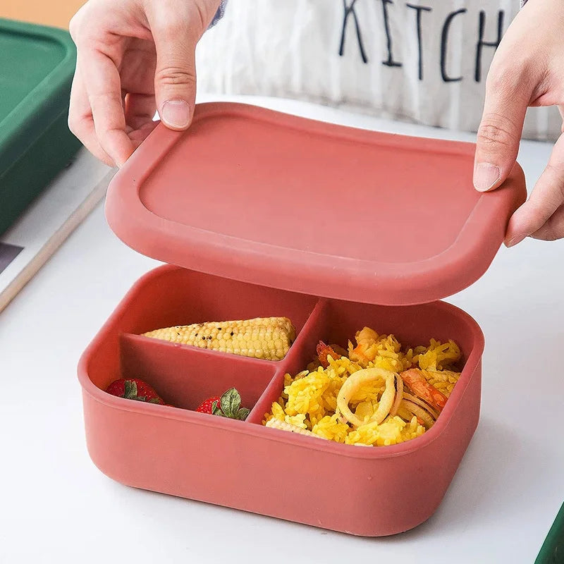 3 Compartment Leak-Proof Heatable Food Grade Silicone Bento Lunchbox for Kids School Use
