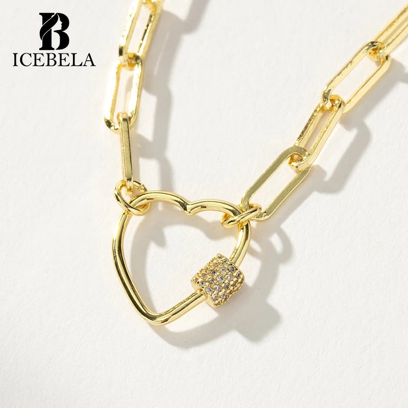ICEBELA Trendy Chic Unique Design Fine Jewelry 925 Sterling Silver Link Chain Zircon Locked Heart Pendant Necklaces for Women