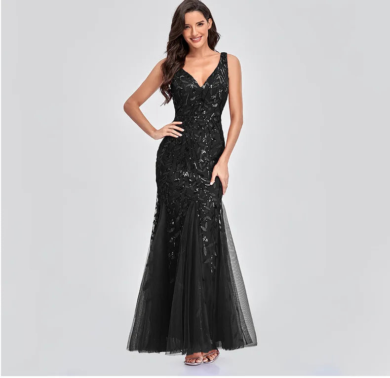New Sexy V-Neck Embroidered Beads Slim Fit Fish Tail Dress for Women