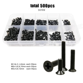 500pcs/box M1.4 M1.6 M2 M2.5 M3 Black Steel Assortment Kit Set Small Mini Micro Cross Phillips Flat Countersunk Head Bolt Screw
