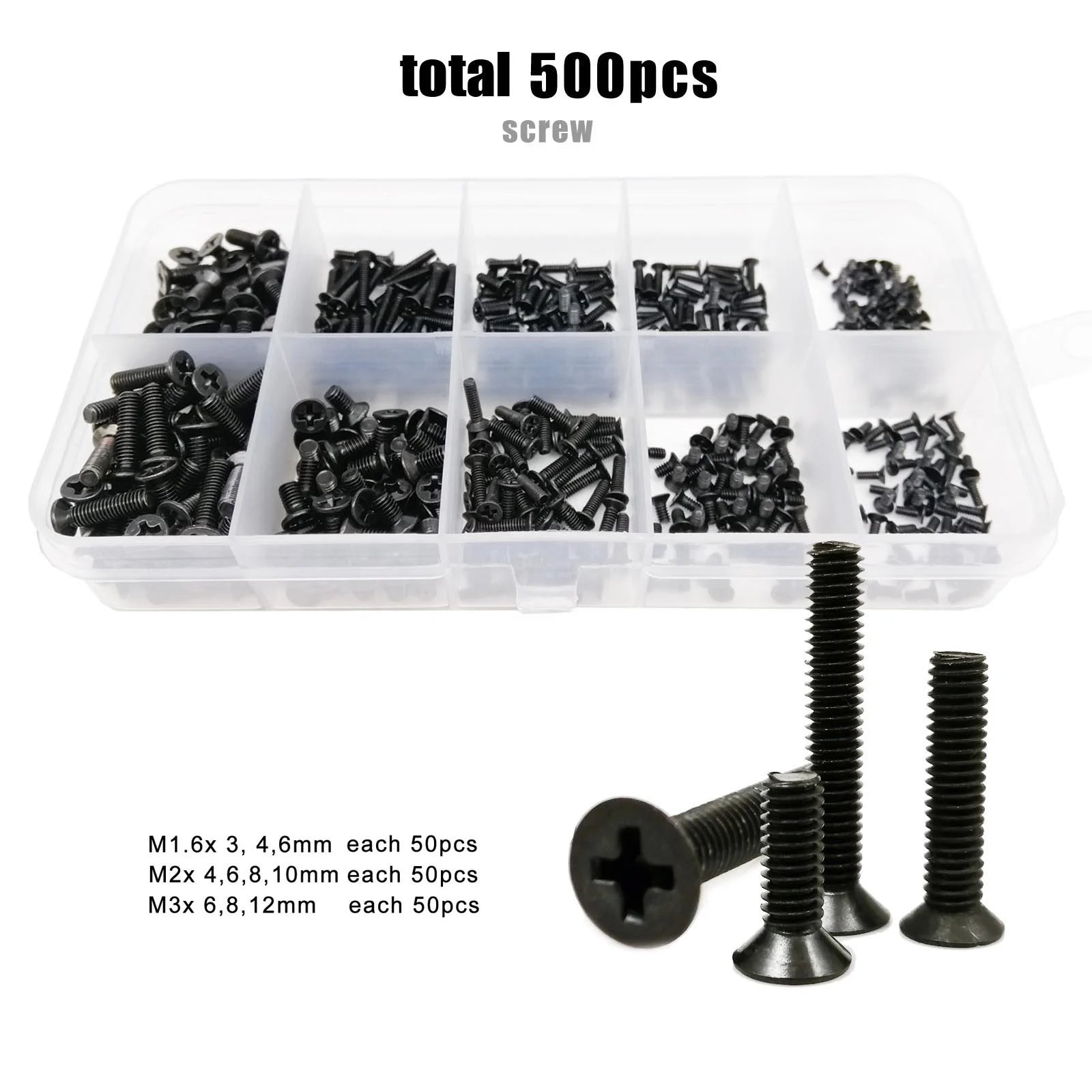 500pcs/box M1.4 M1.6 M2 M2.5 M3 Black Steel Assortment Kit Set Small Mini Micro Cross Phillips Flat Countersunk Head Bolt Screw