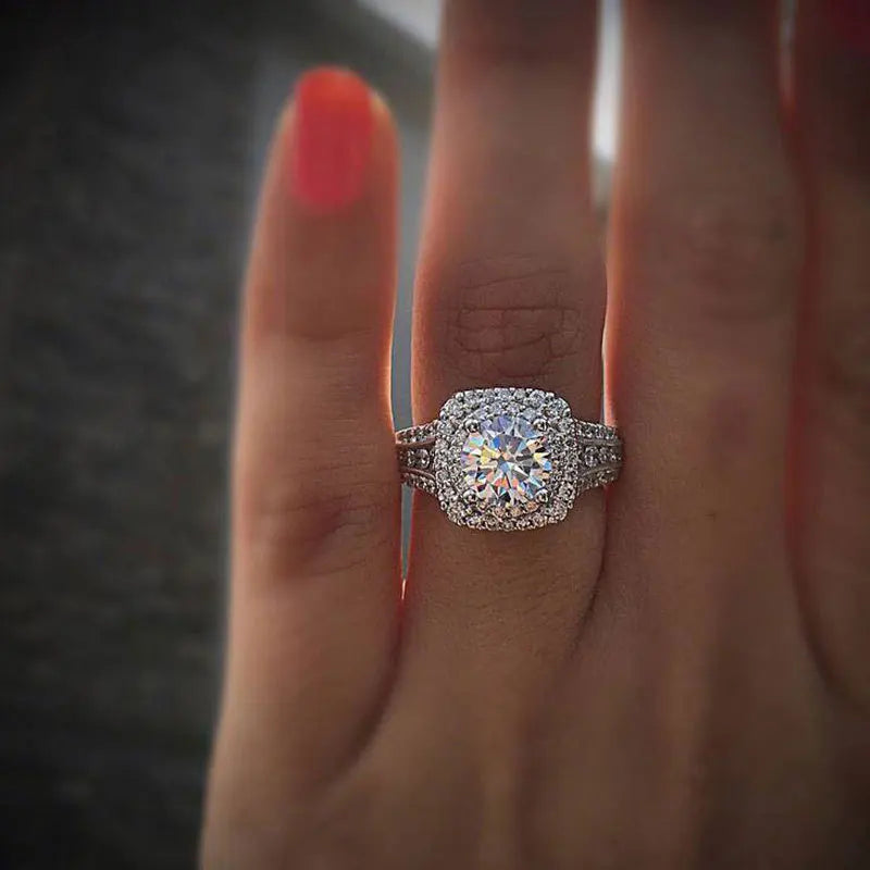 CAOSHI Silver Plated Shining Simulated Diamond Wedding Ring CZ Cubic Zirconia Round Cut Bridal Engagement Finger Ring for Women