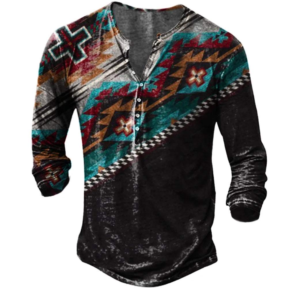 2026 Western Street Fashion Men'S Vintage Long Sleeve Knitted Eco-Friendly Quick Dry Digital Print Custom Loose V-neck T-Shirt