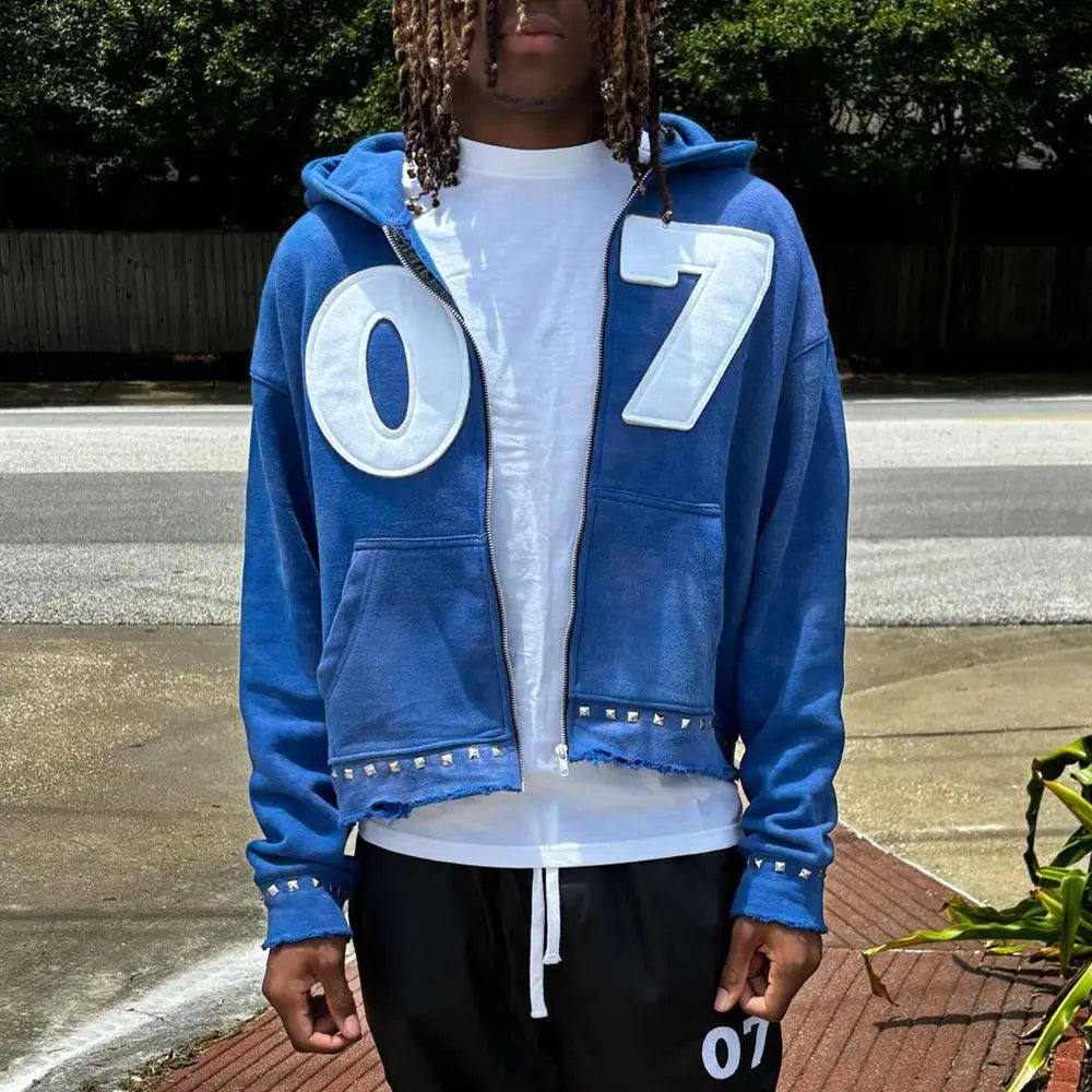 Custom Logo Rivet Decorative Distressed Trims Pullover Hoodie Embroidery Patches Oversized Regular Fit Men 100% Cotton Terry