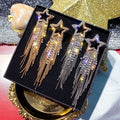 Silver Plated Gold Moon Shape Crystal & Rhinestone Classic Exaggerated Star Long Drop Tassel Shiny Earrings for Women