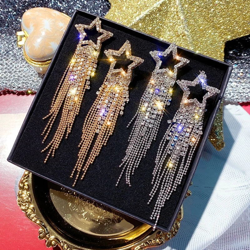 Silver Plated Gold Moon Shape Crystal & Rhinestone Classic Exaggerated Star Long Drop Tassel Shiny Earrings for Women