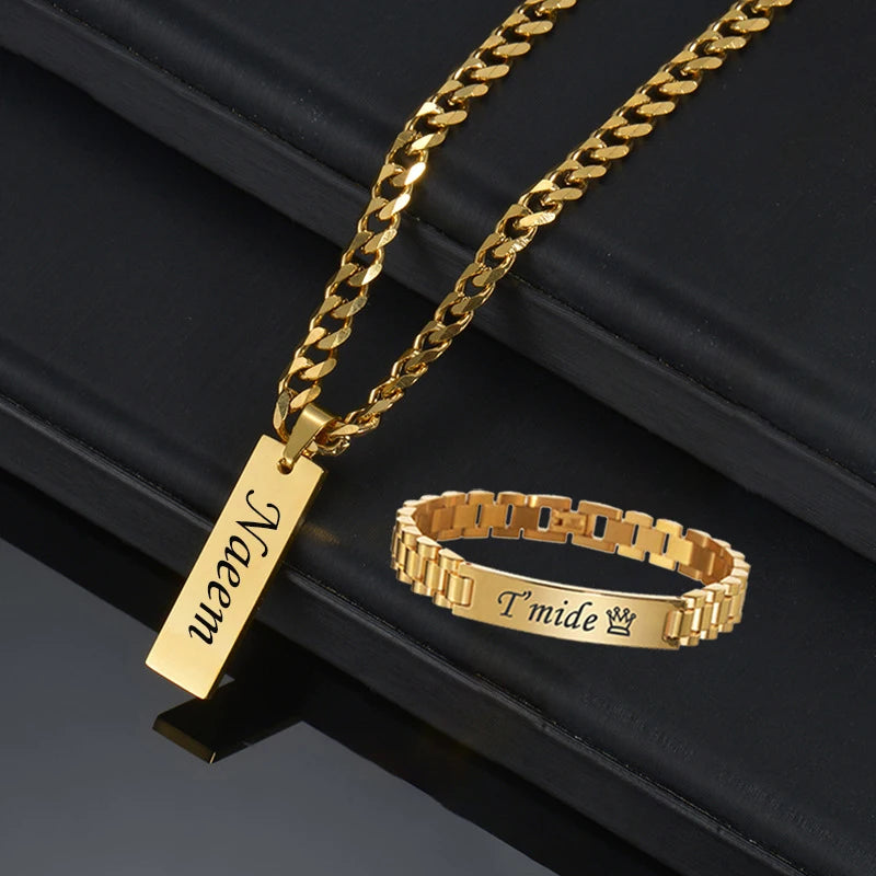 Diy Men's Titanium Steel Personalized Engraved Name Necklace Bracelet Men's Stainless Steel Engraved Necklace