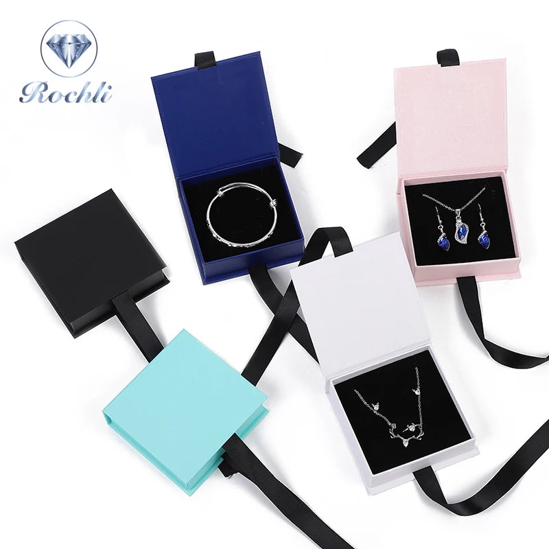 Wholesale Custom logo Printed Ribbon Jewel Boxes Clamshell Ring Earring Necklace Ribbon Jewelry Packaging Box Jewelry case
