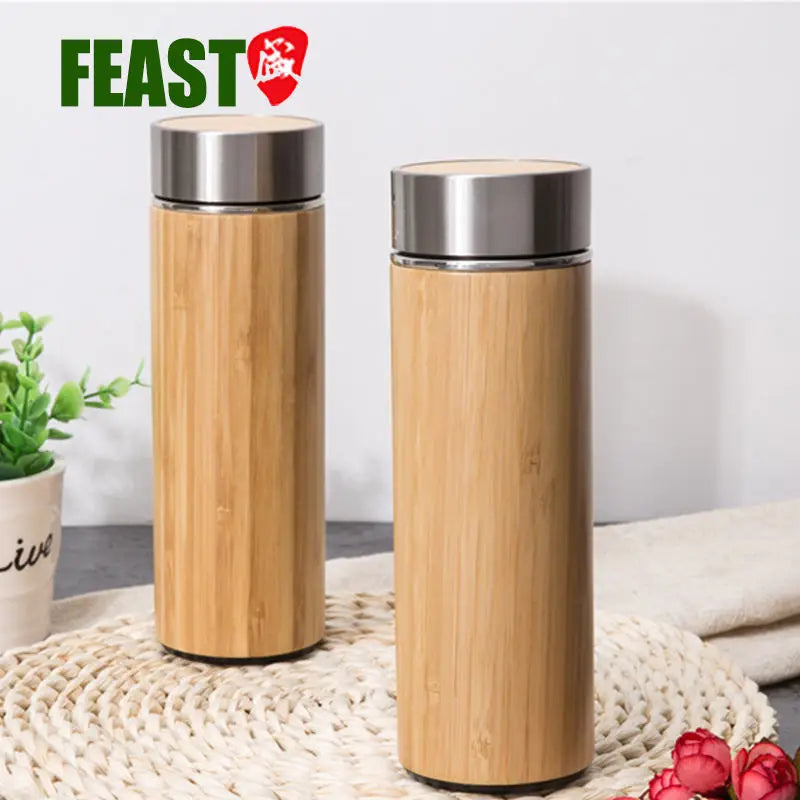 450ml Bamboo Water Bottle with Stainless Steel Lid Unbreakable Direct Drinking for Adults for Camping and Boiling Water