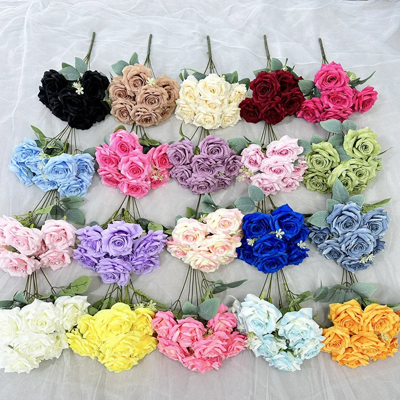 Wholesale Artificial 7 Heads Rose Bouquet Artificial Silk Rose Bouquet for Wedding Decoration