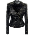 Large Rivet Splice Short Motorcycle Leather Jacket for Women With Long Sleeves Punk Rock Jacket