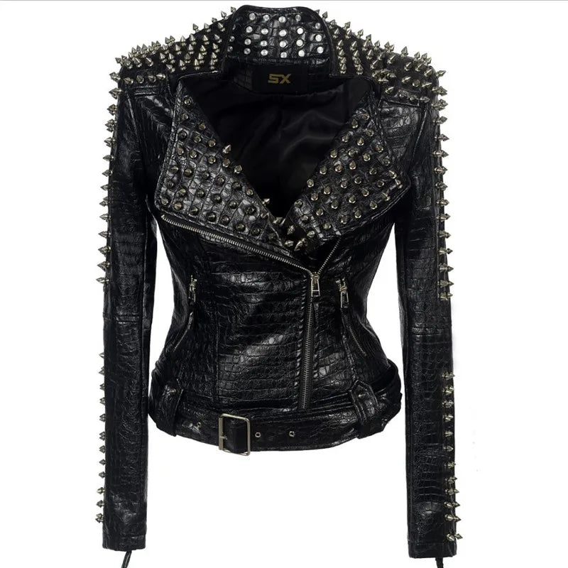 Large Rivet Splice Short Motorcycle Leather Jacket for Women With Long Sleeves Punk Rock Jacket
