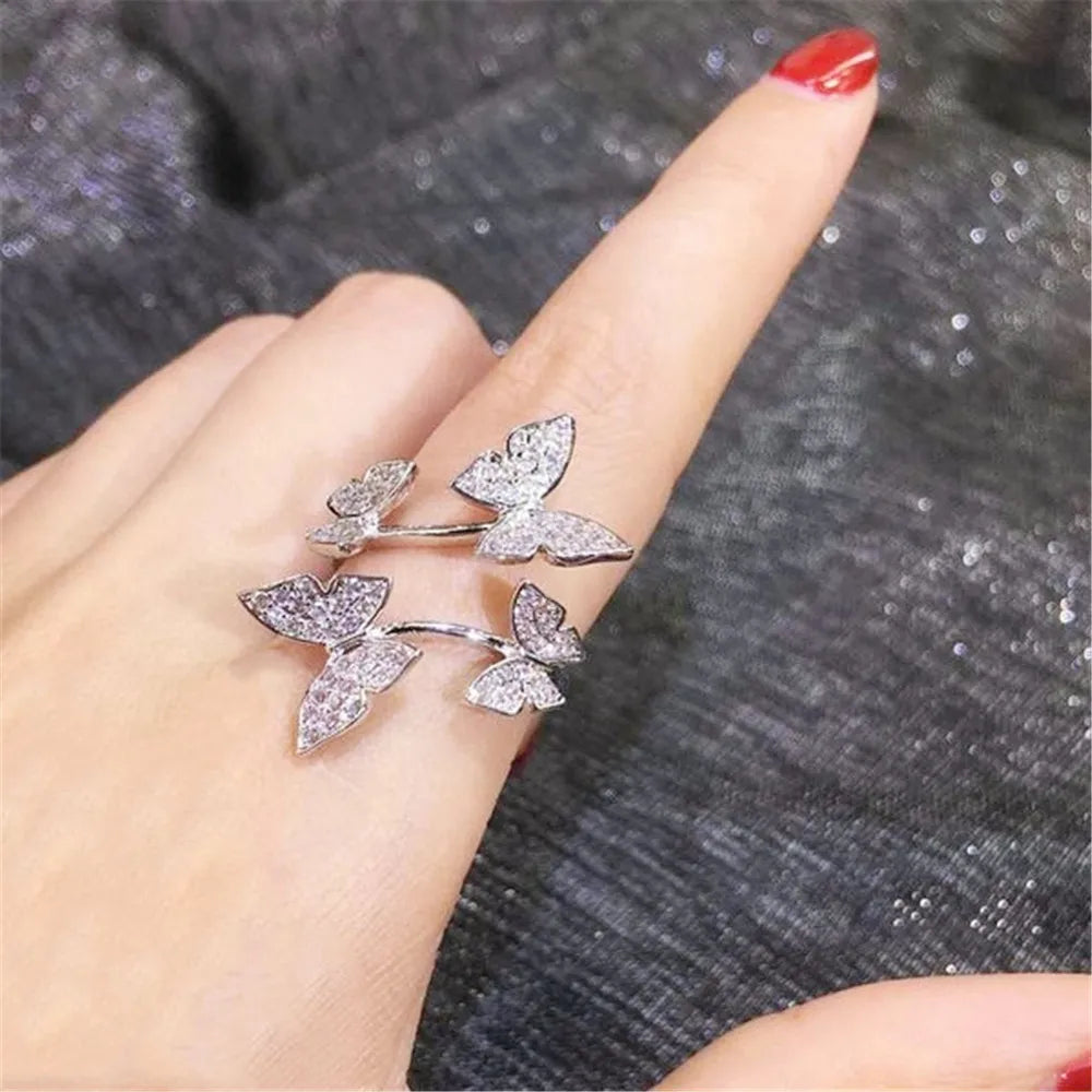 CAOSHI Brass Jewelry for Girls Personalized Unique Open Resizable Ring Silver Gold Plated Cubic Zircon Butterfly Rings for Women