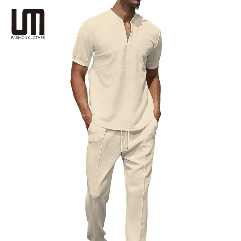Cheap Hot Selling Wholesale Casual Men Clothing Zipper Solid Color Tops Casual Long Trousers Pants Suit
