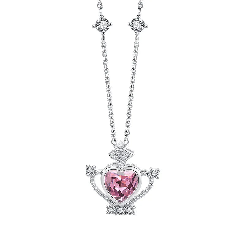 Pink Zircon Heart Charm Pendant Necklace and Sterling Silver 925 Post Earring Wedding Party Gift Jewelry Set for Women