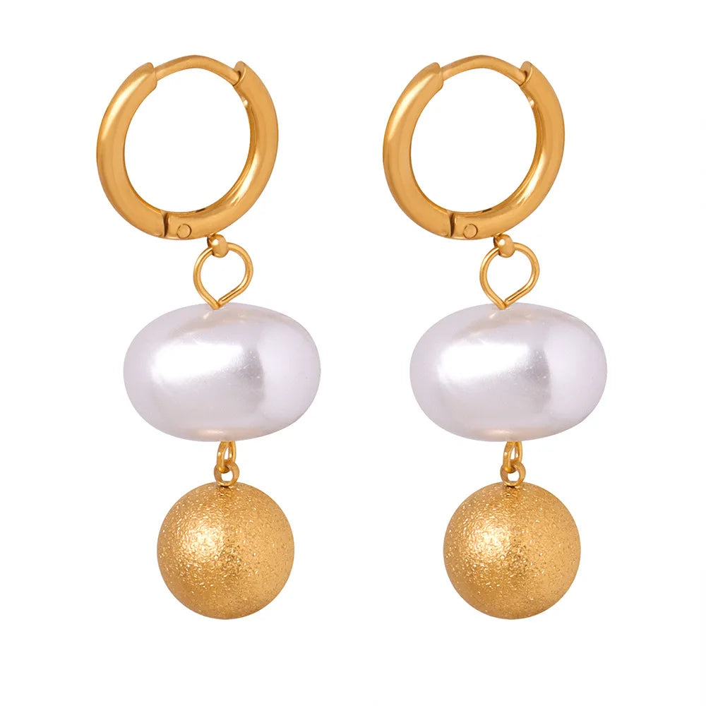 Fashion Elegant Minimalist Geometric Steel Bead Imitation Pearl Drop Earrings Gold Plated Stainless Steel Earrings Pendientes