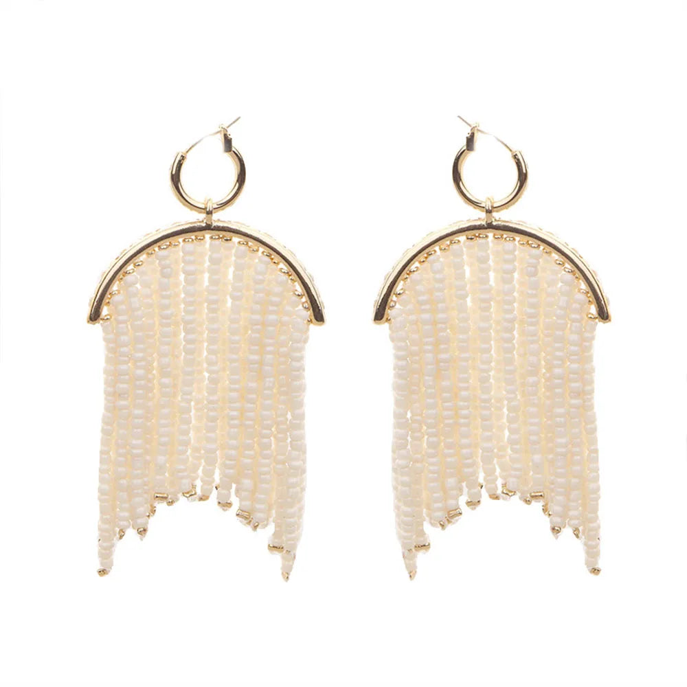 Wholesale Handmade Glass Seed Rice Beads Beaded Fan Shape Beads Tassel Dangle White Earrings for Women Jewelry Earring