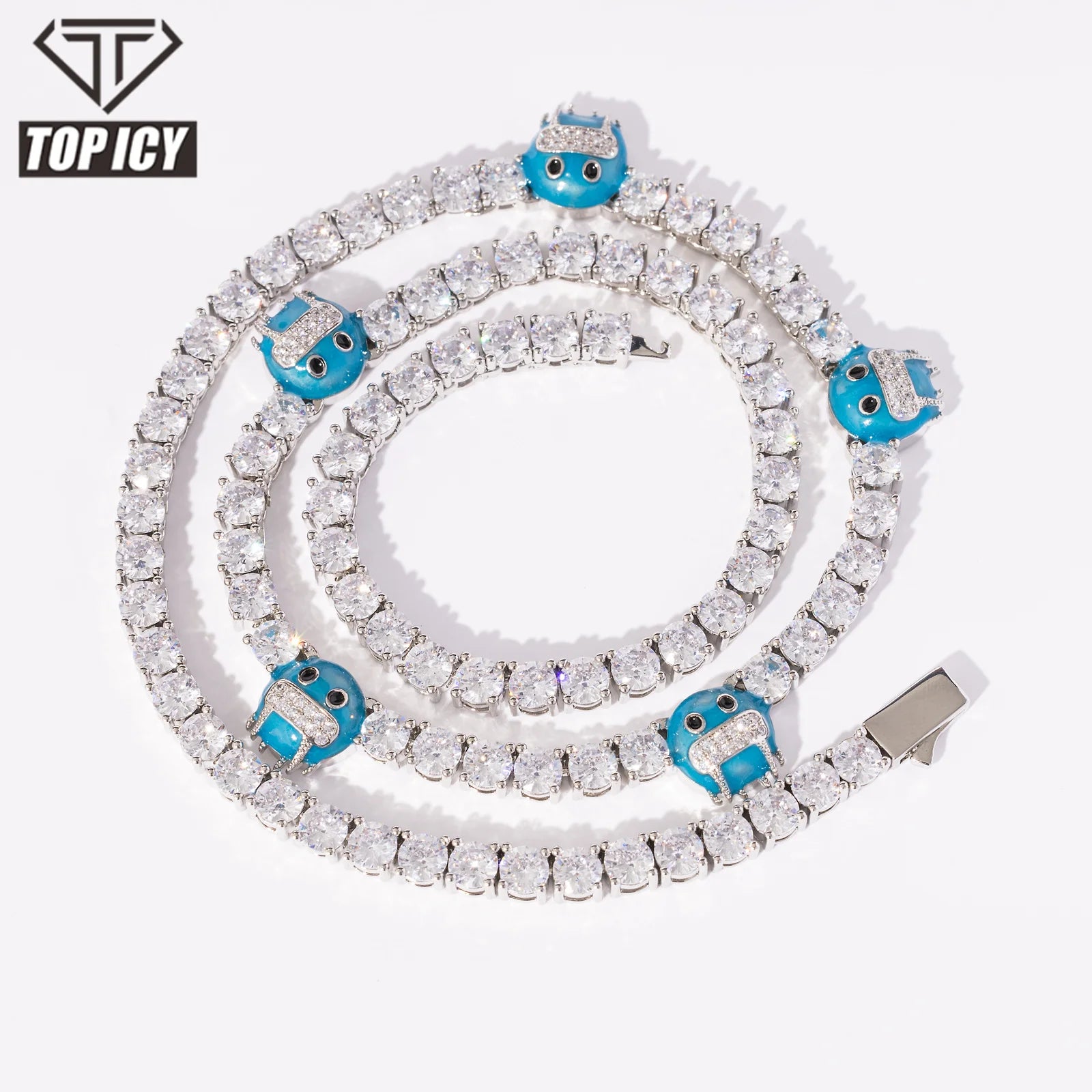 Top Icy 5mm AAA Cubic Zirconia Tennis Chain Spring Clasp Cute Hip Hop Necklace Bling  Freezed Face Tennis Necklace