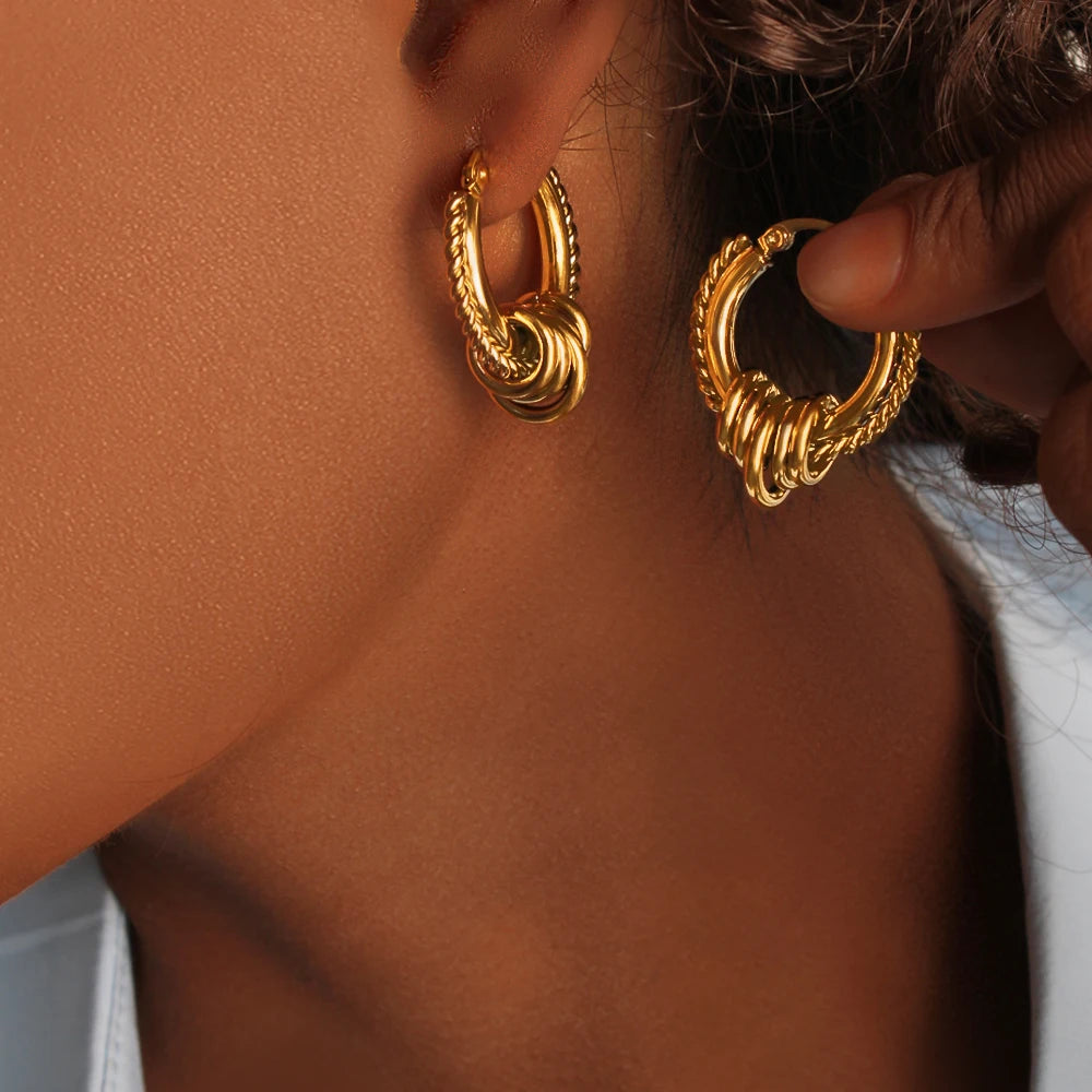 New Waterproof 18K PVD Gold Plated Twist Double Layer Hoop Earrings for Women Non Tranish Stainless Steel Circle Drop Earrings