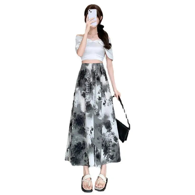 High-waisted Half Culottes Women's Summer New Loose Thin Printed Leg