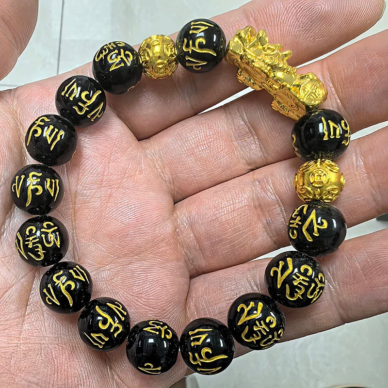 Hot Custom Classic Animal Obsidian Bead Wristband Adjustable Gold Plated Pi Yao Annular Stone Bracelet Bangles for Lucky Wealth