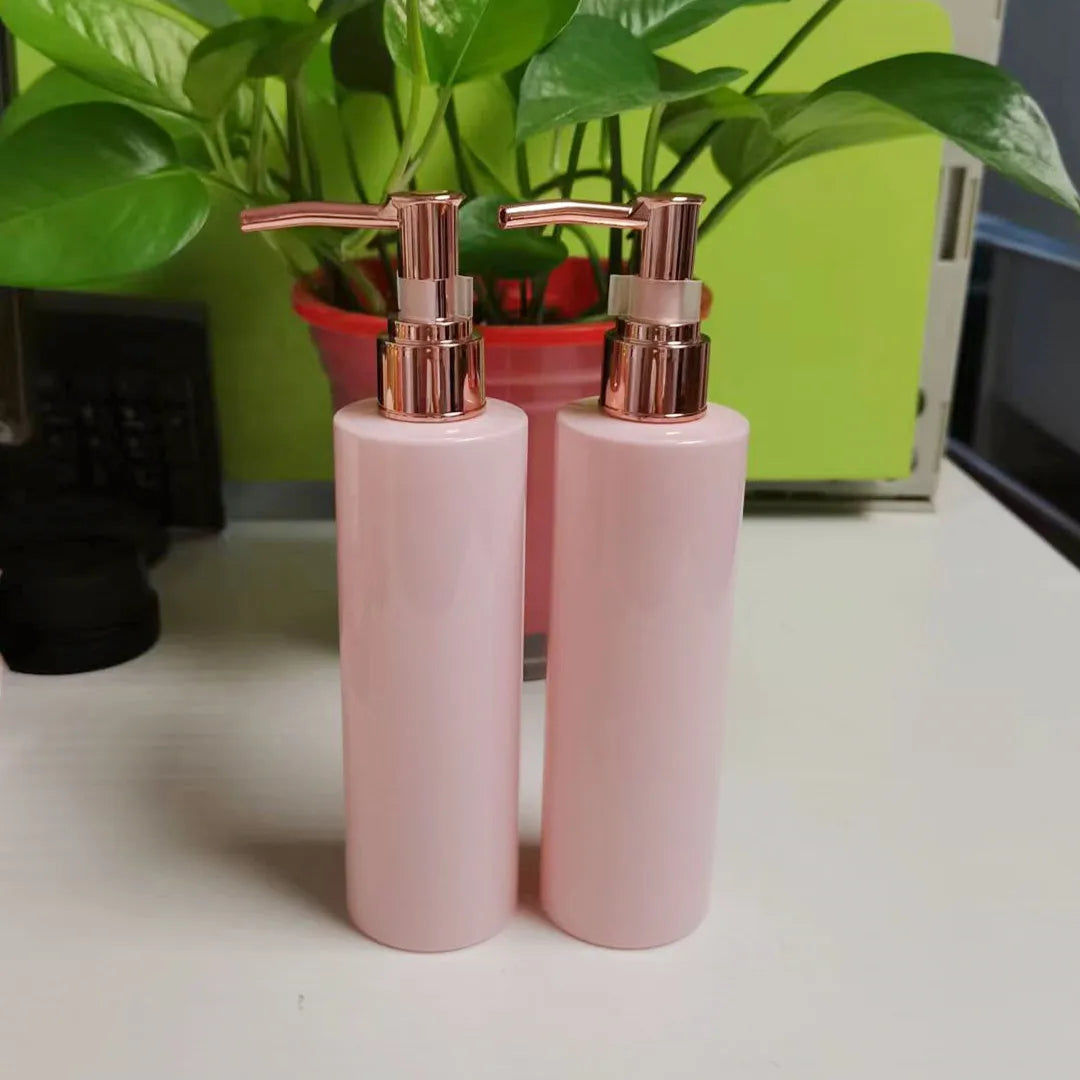 Pink Flat Shoulder Straight Round Bottle 250ml Plastic Lotion Bottle Cosmetic Packaging Bottle