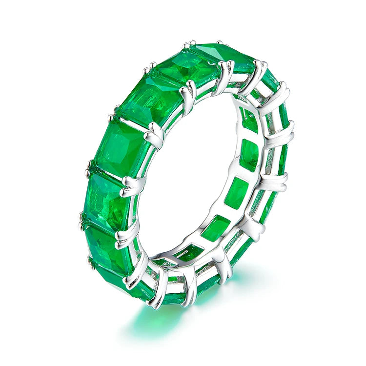 Fashion Jewelry Tennis Ring 925 Sterling Silver Emerald Cubic Zirconia Band Ring