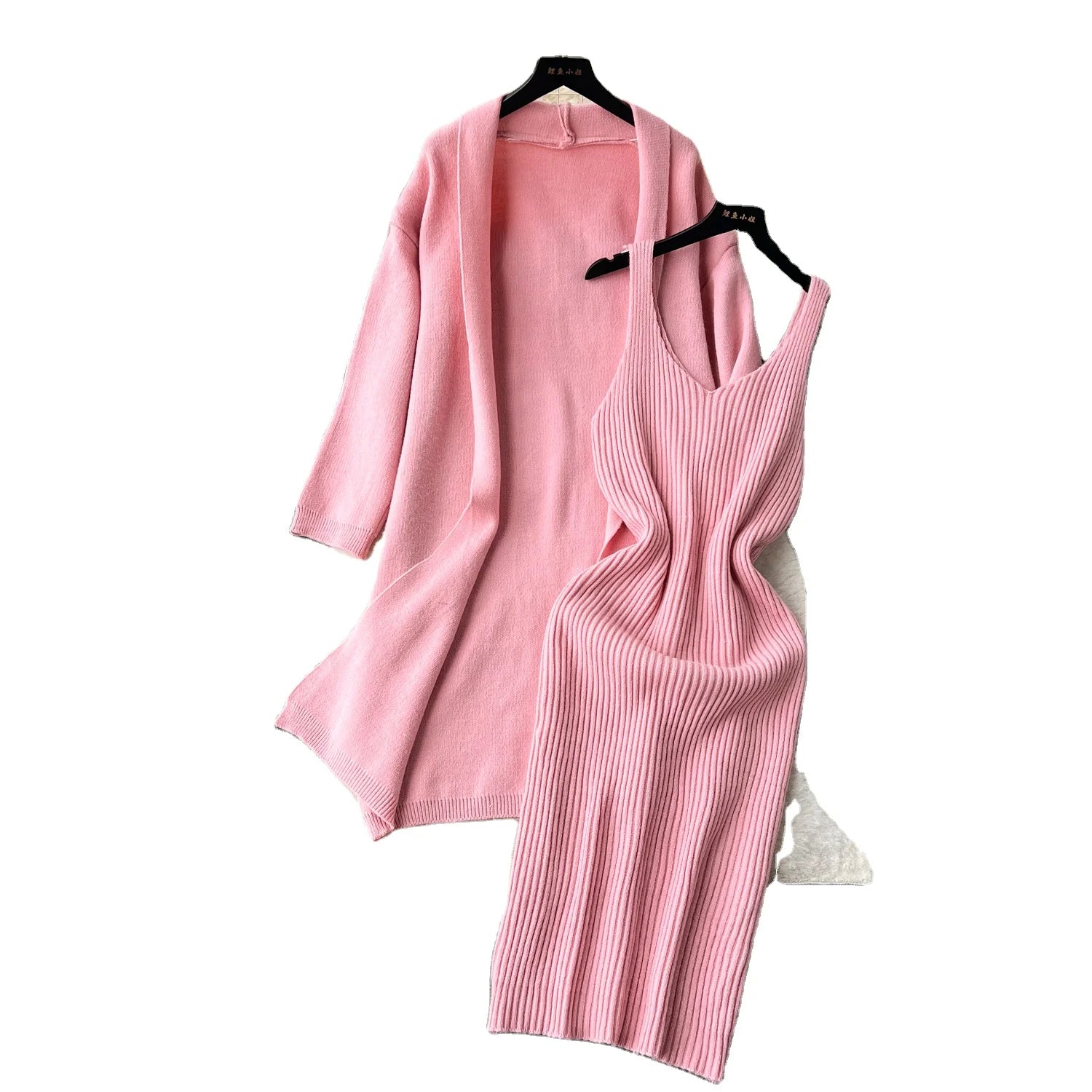 2023 Winter Sweater Two-Piece Women'S Knitted Cardigan Coat Mid-Length Robe & Sundress Dress Gentle Business Party Knitted Set