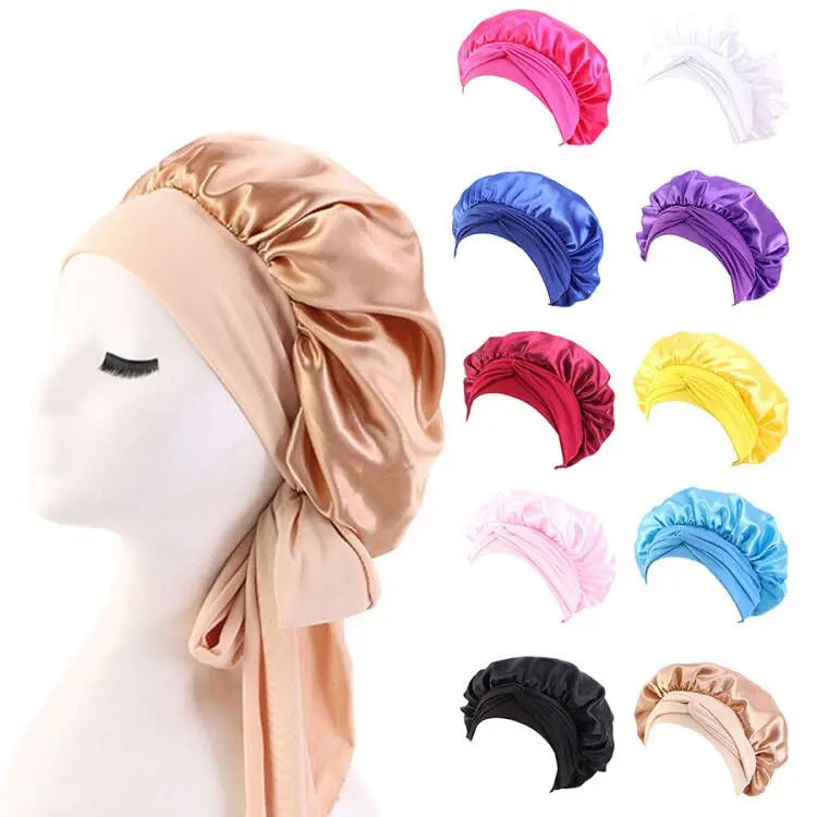 Pure Colour Womens Sleep Caps No Slip Wide Tie Band Edge Satin Silk Hair Bonnets and Edge Wraps
