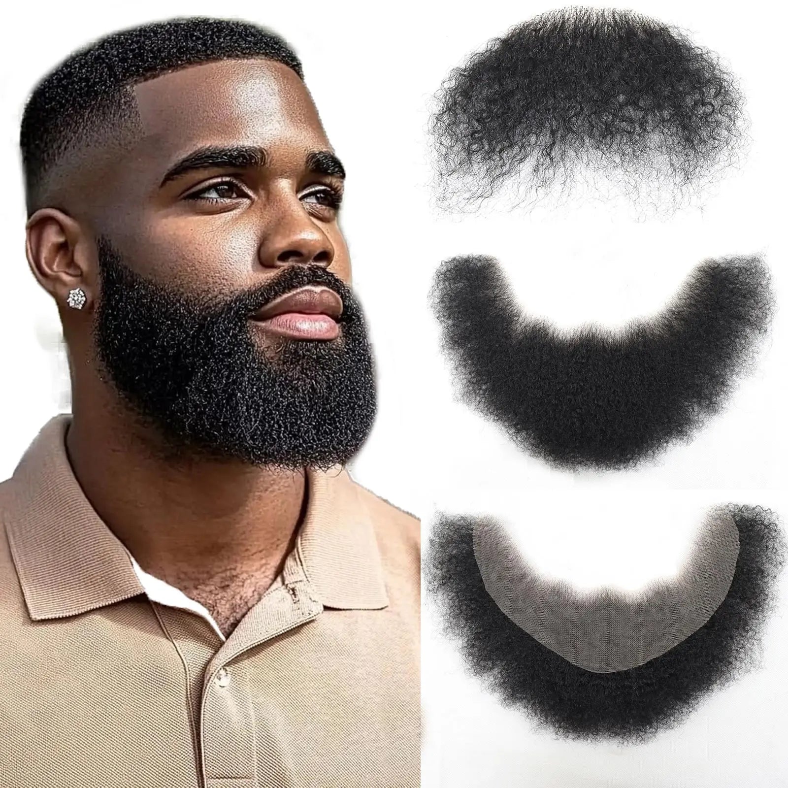 Human Hair Afro Curl Face Mustache Beard for American Black Men Realistic Makeup Lace Hair Replacement System