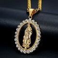 Hips Hop 316 Stainless Steel Gold Cuban Chain Mary Pendant Necklace Crystal Virgin Mary Necklace for Christian Jewelry